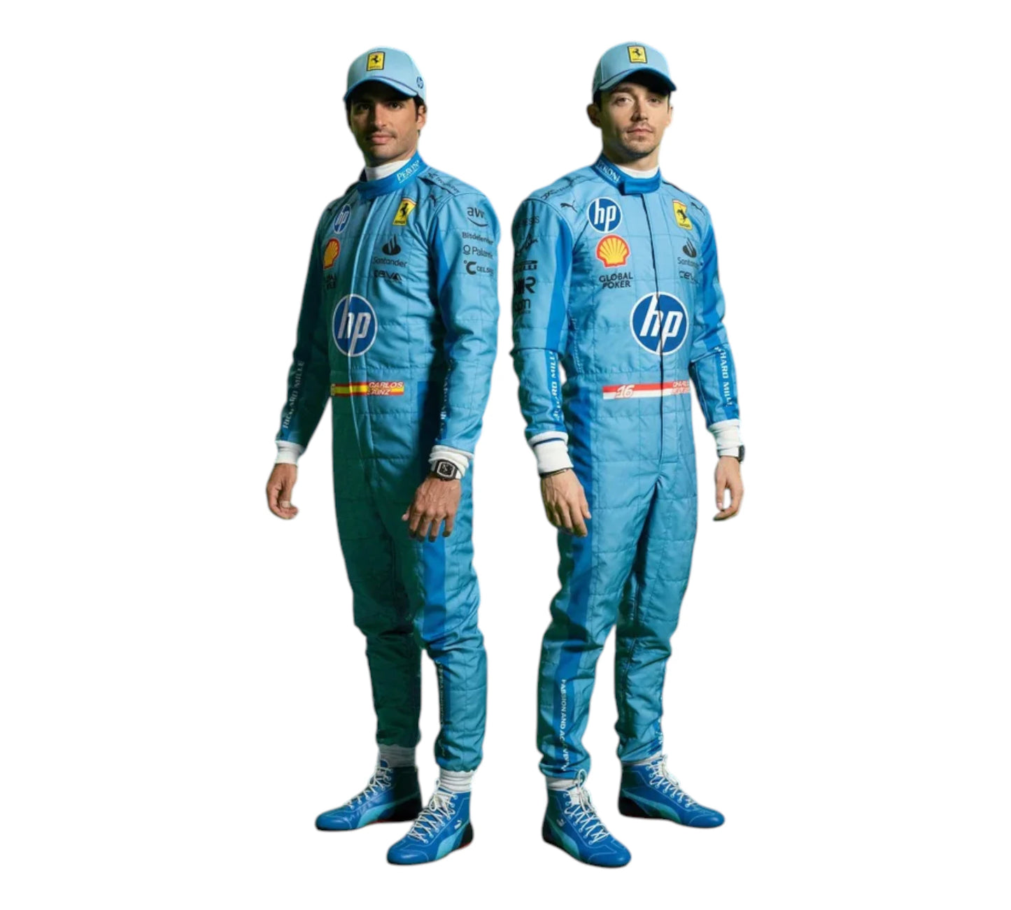 Two individuals wearing blue racing suits with HP and Shell logos on a white background
