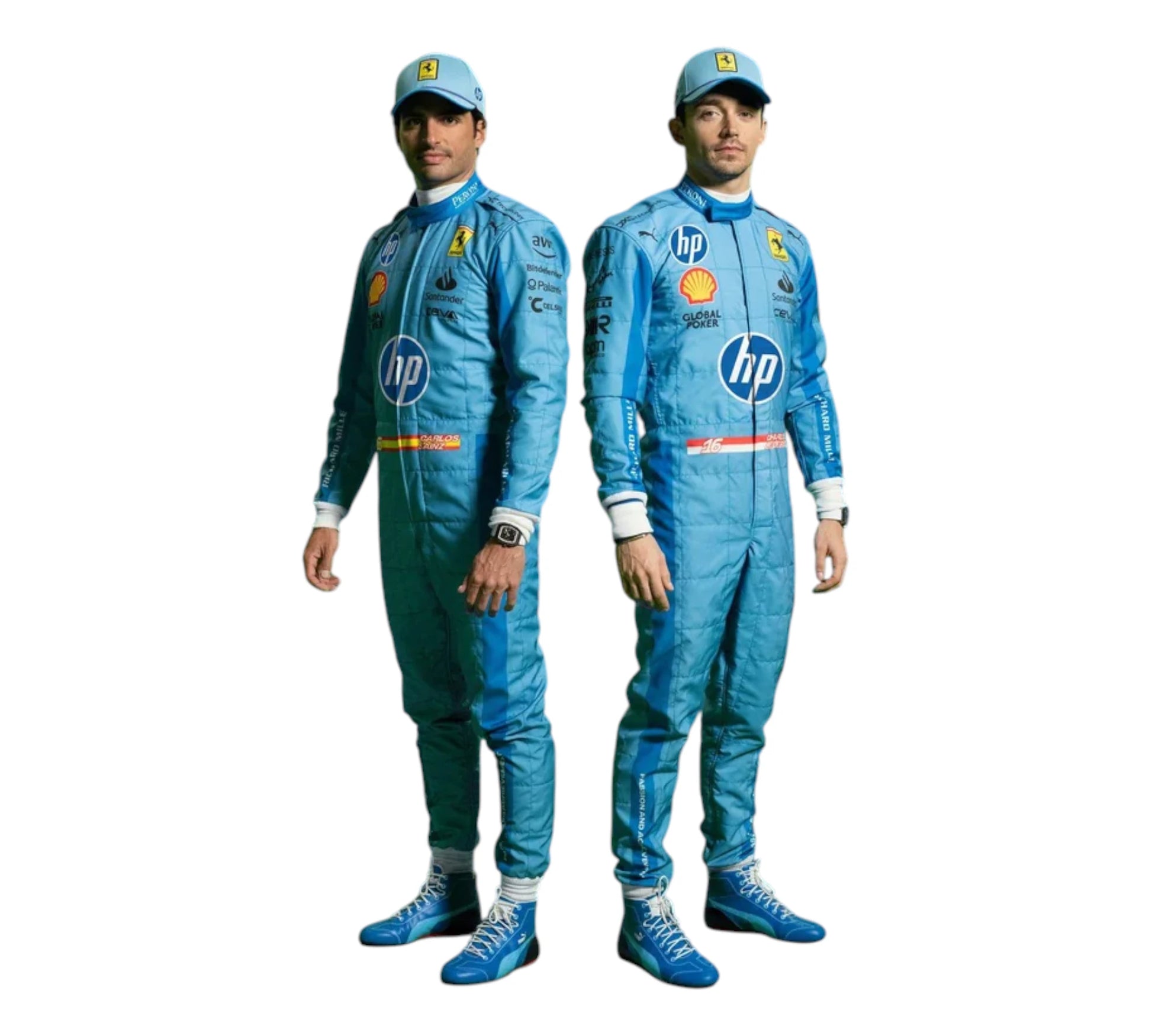 Two individuals wearing blue racing suits with HP and Shell logos on a white background