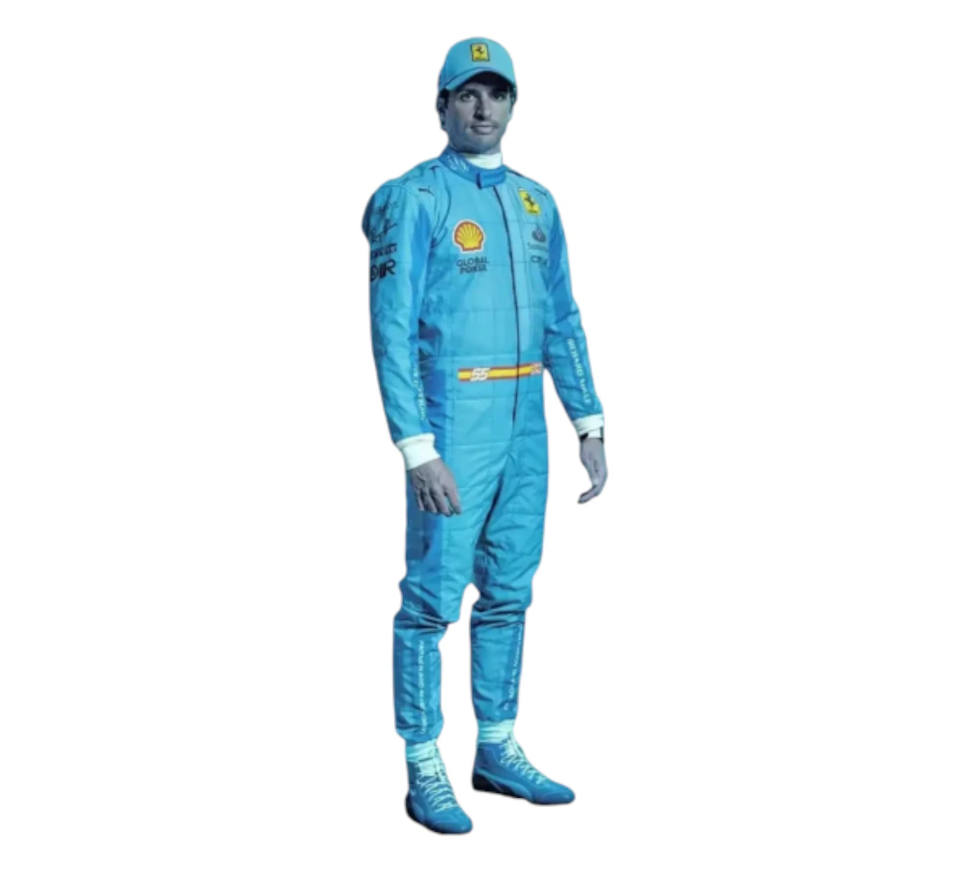 Person wearing a blue racing suit with a white background