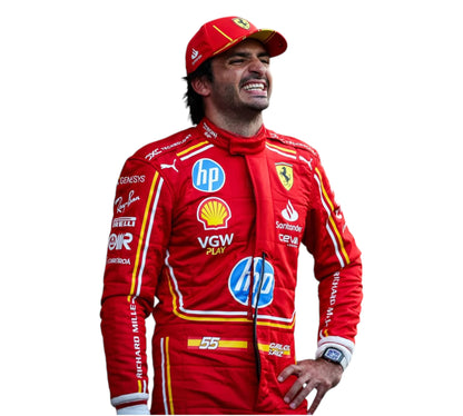 Person wearing a red racing suit with various sponsor logos on a white background