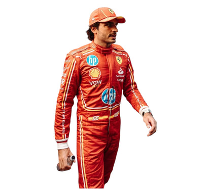 Person wearing a red racing suit with various sponsor logos on a white background