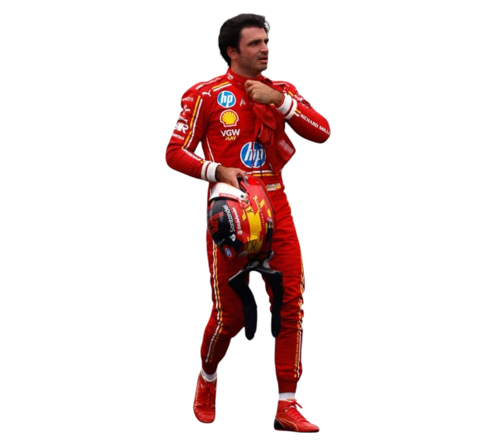 Person wearing a red racing suit with various sponsor logos on a white background