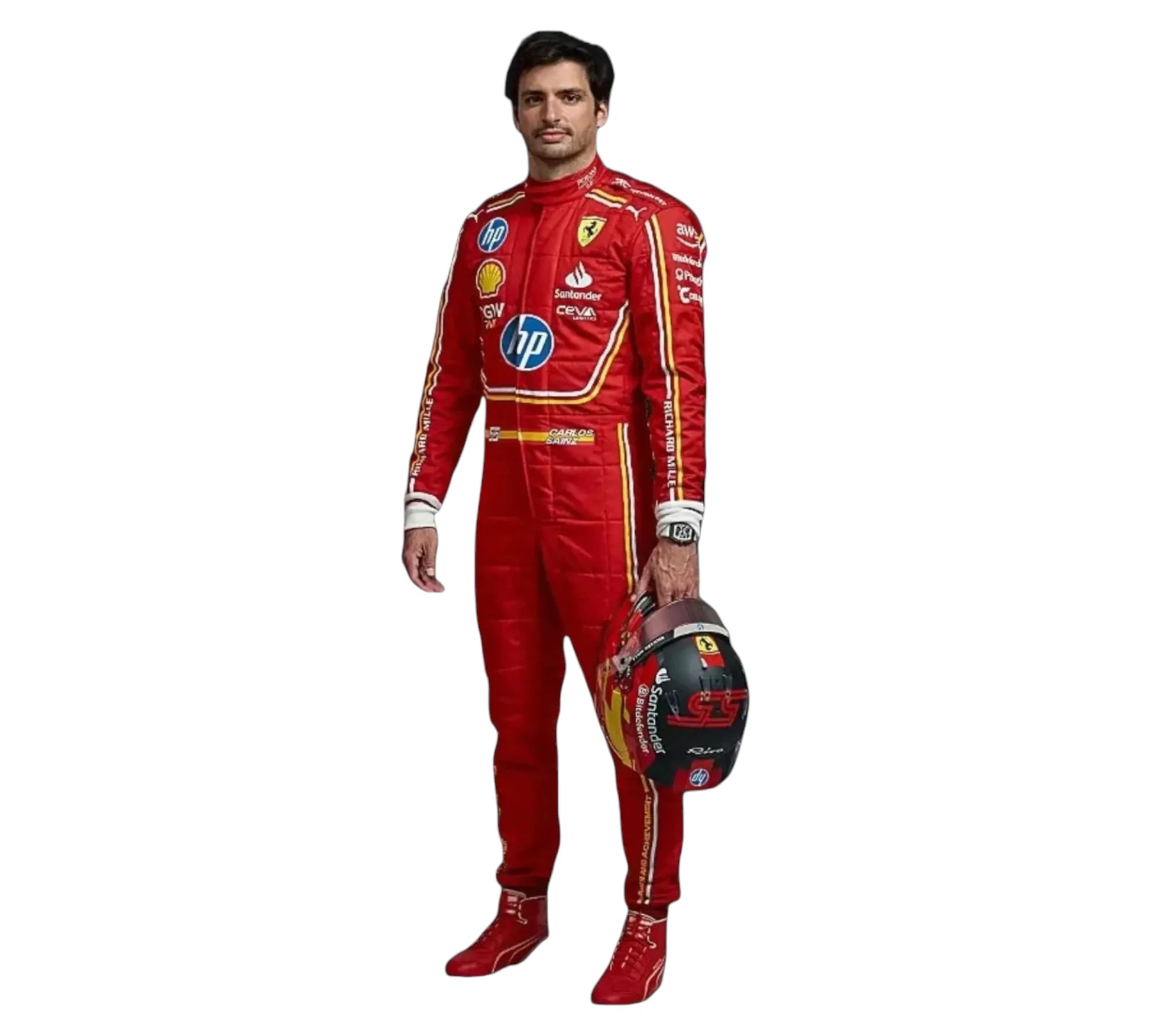 Person wearing a red racing suit with various logos, holding a helmet on a white background