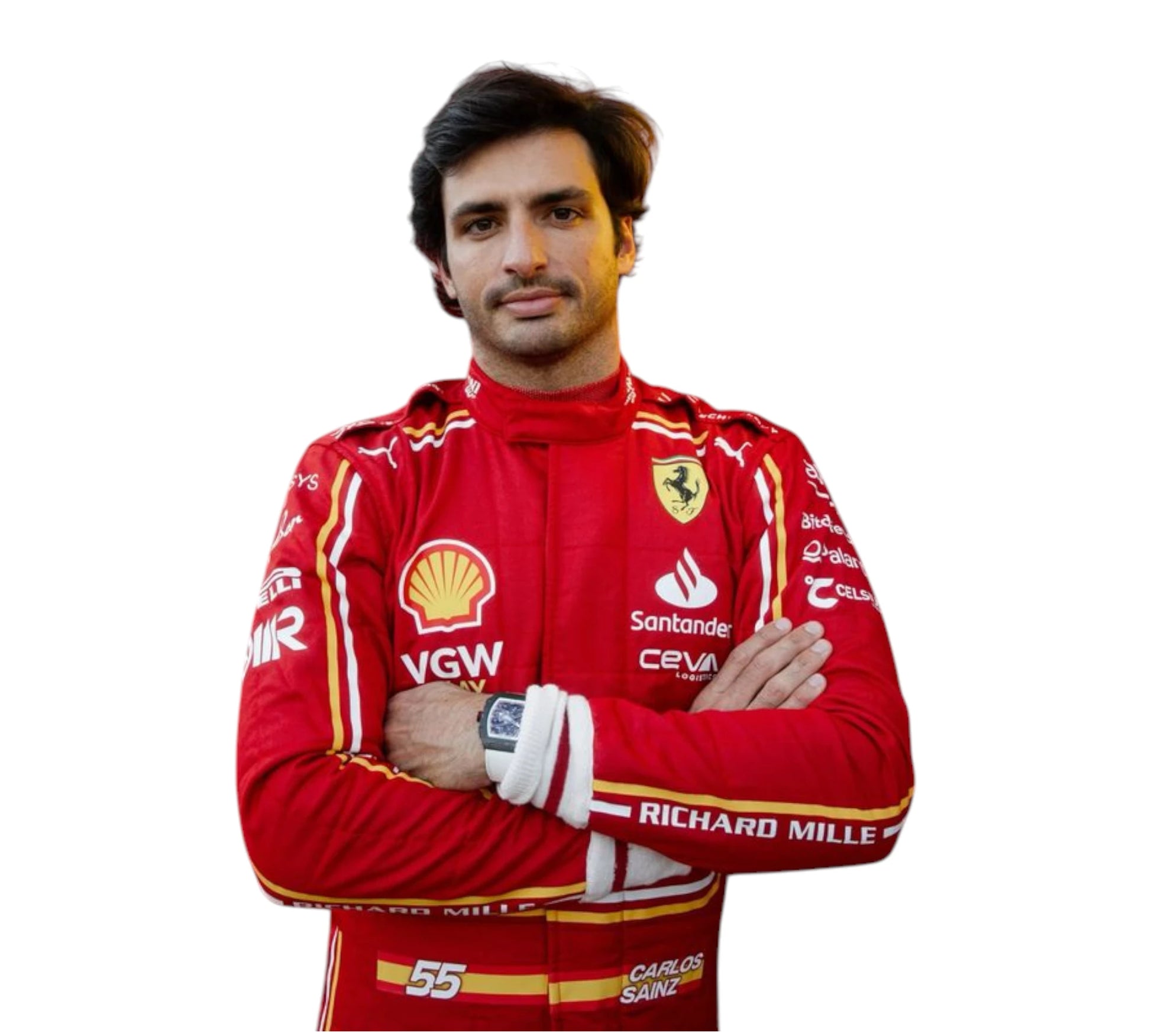 Person wearing a red racing suit with various sponsor logos on a white background