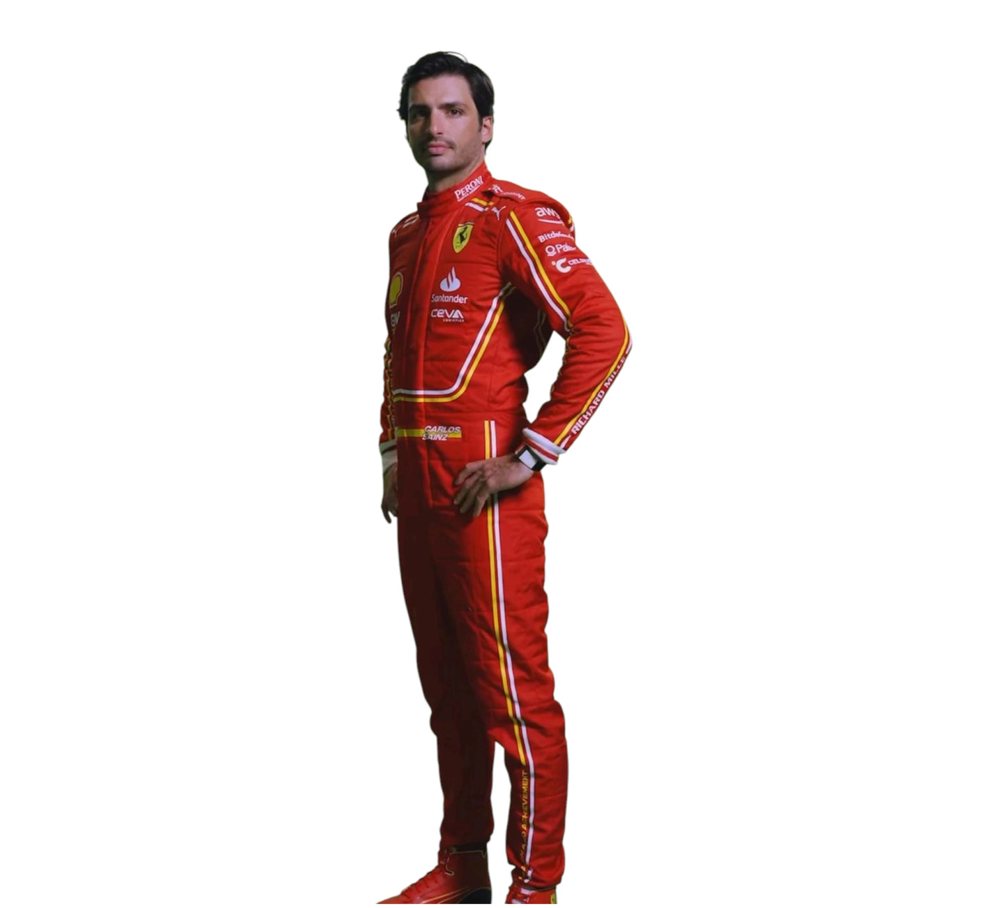 Person wearing a red racing suit with visible branding on a white background