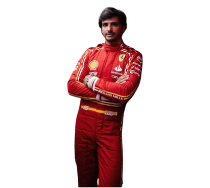 Person wearing a red Ferrari racing suit on a white background