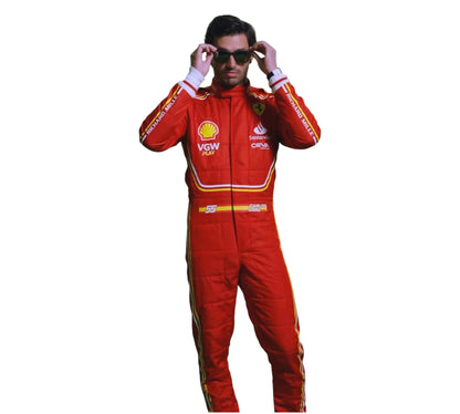 Person wearing a red racing suit with various logos on a white background