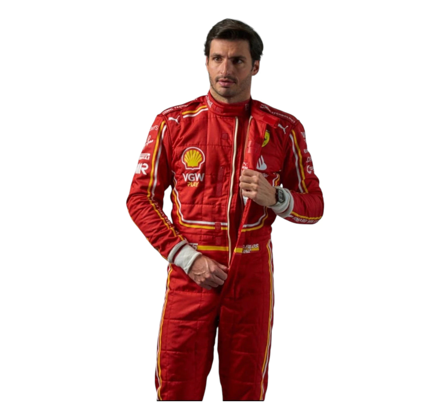 Person wearing a red racing suit with various sponsor logos on a white background