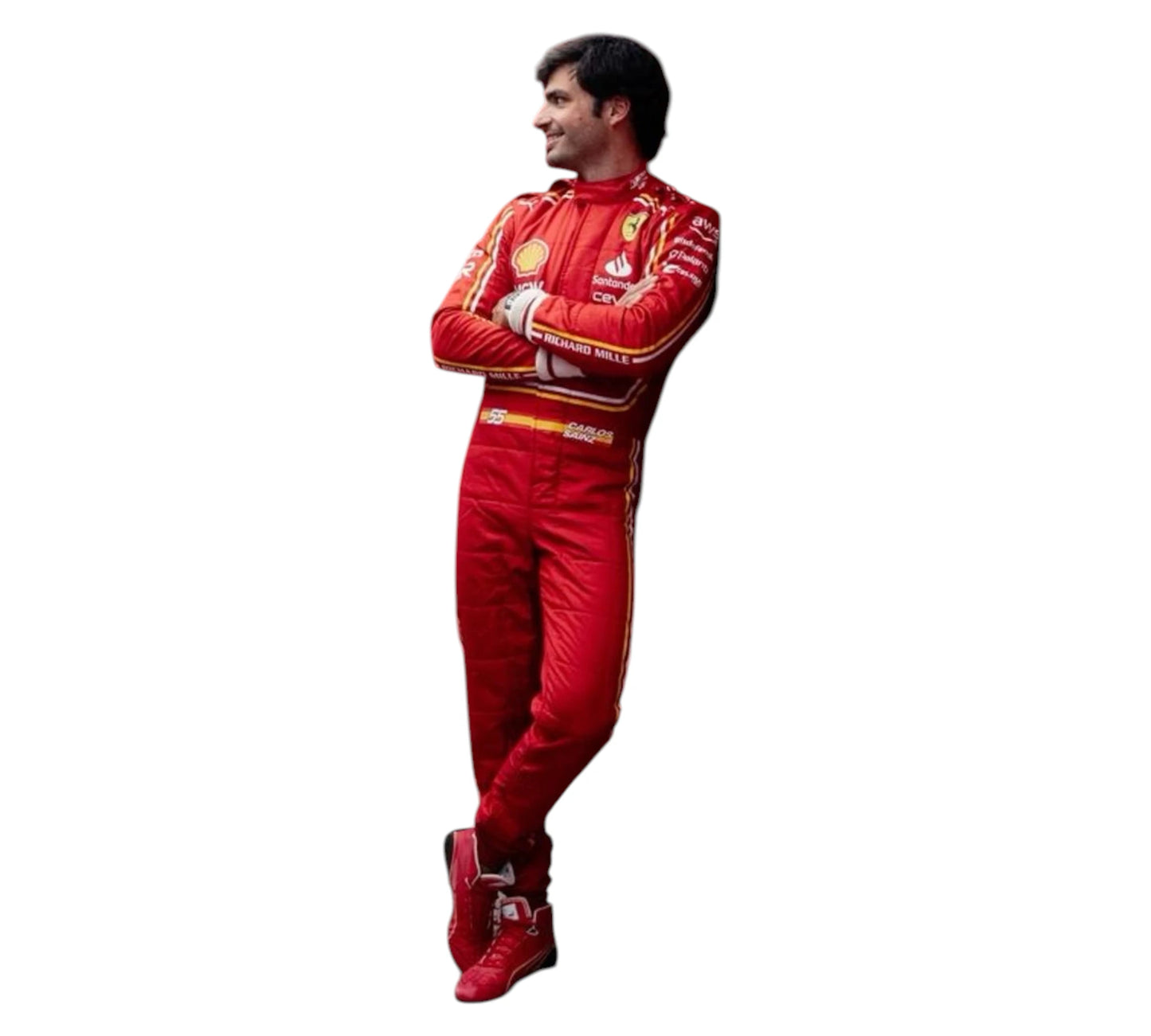 Person wearing a red racing suit with visible branding on a white background