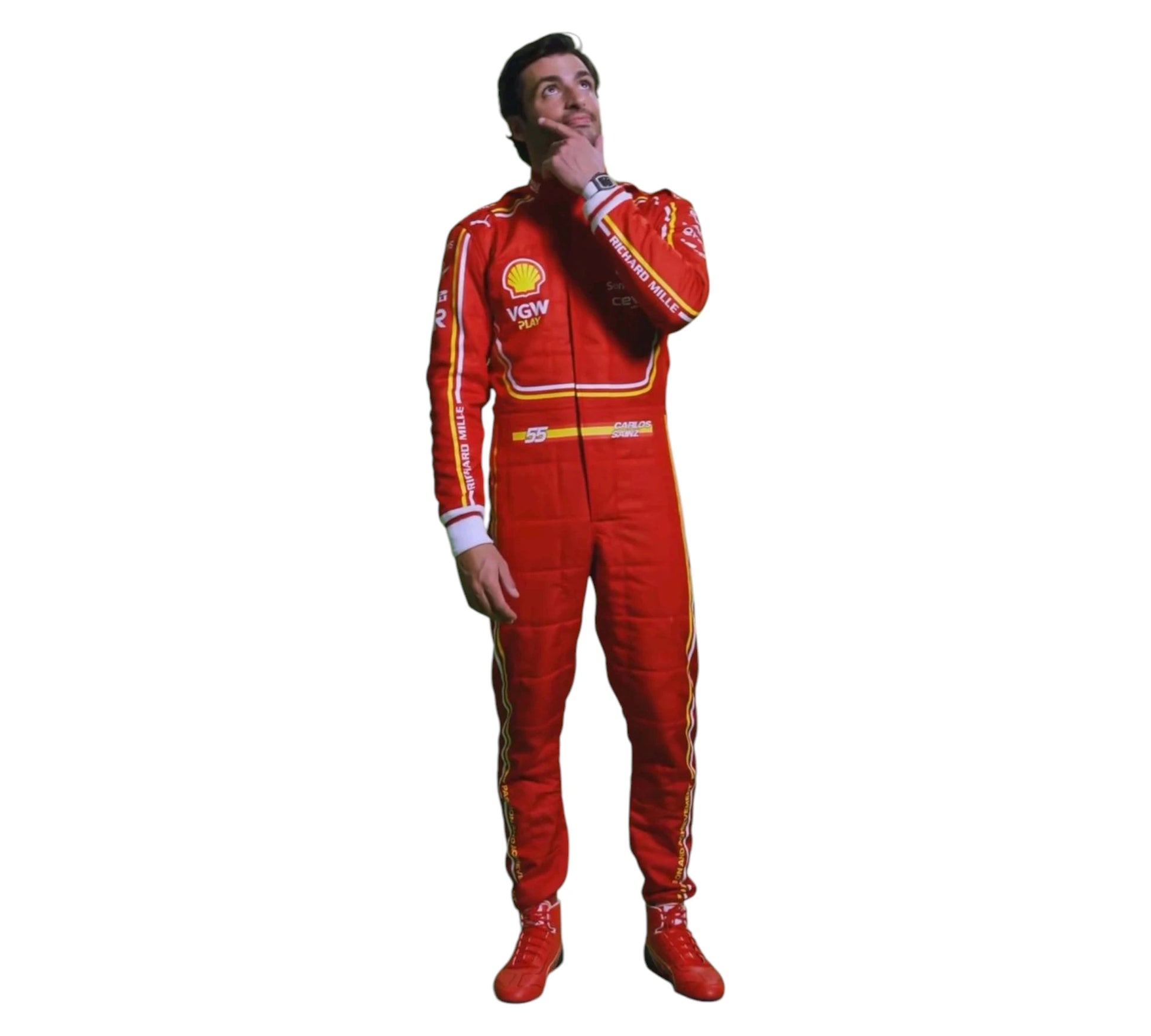 Person wearing a red racing suit with various sponsor logos on a white background