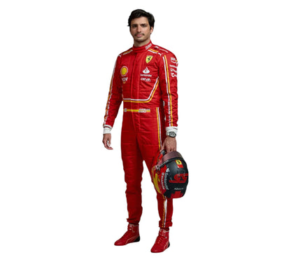 Person wearing a red racing suit with various logos on a white background