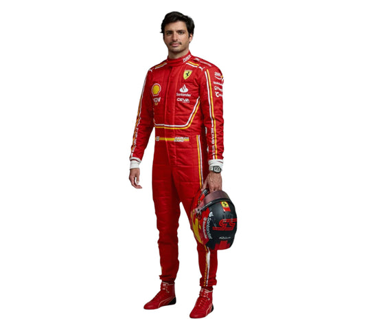 Person wearing a red racing suit with various logos on a white background