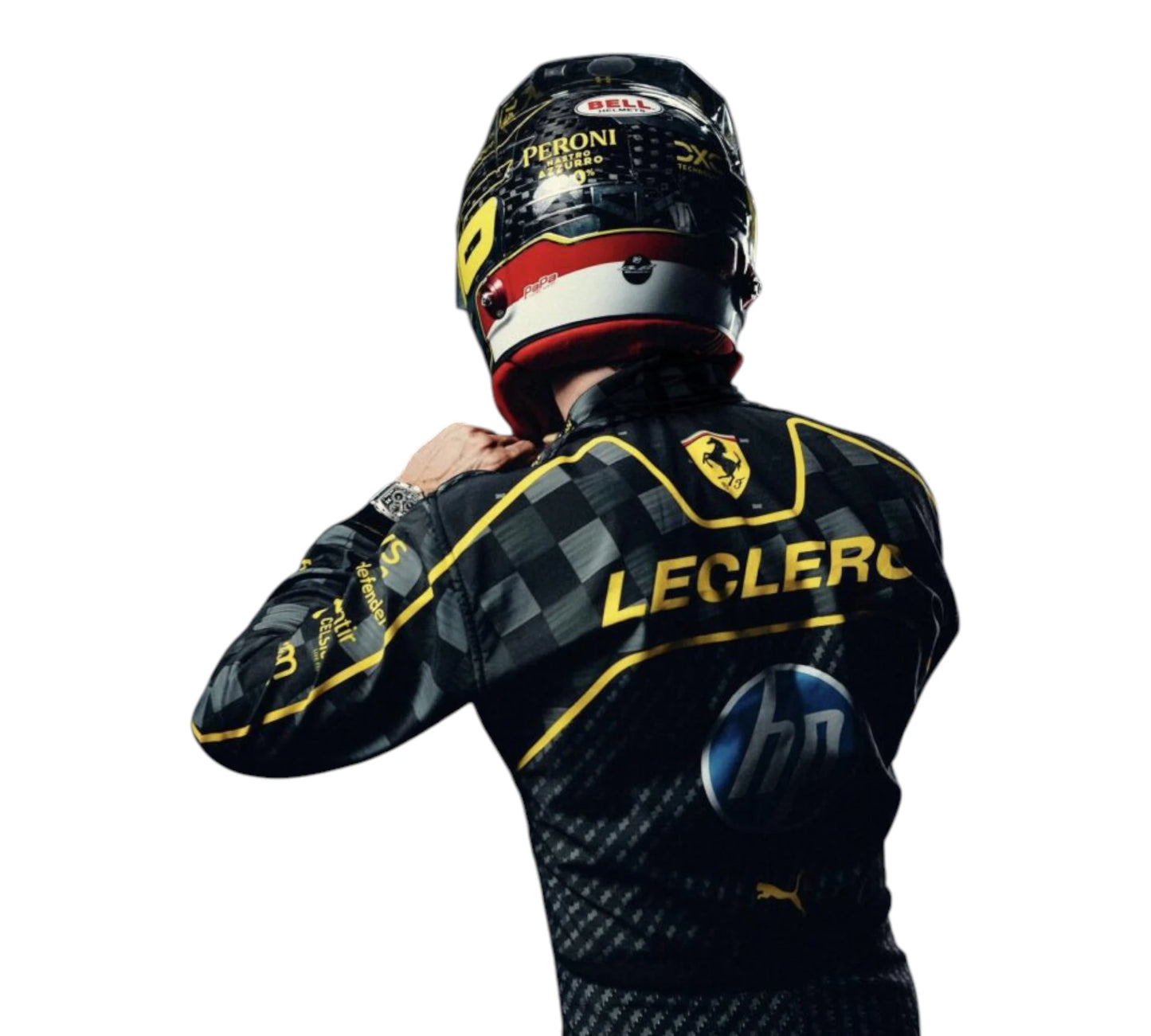 Person wearing a racing suit and helmet with visible branding on a white background