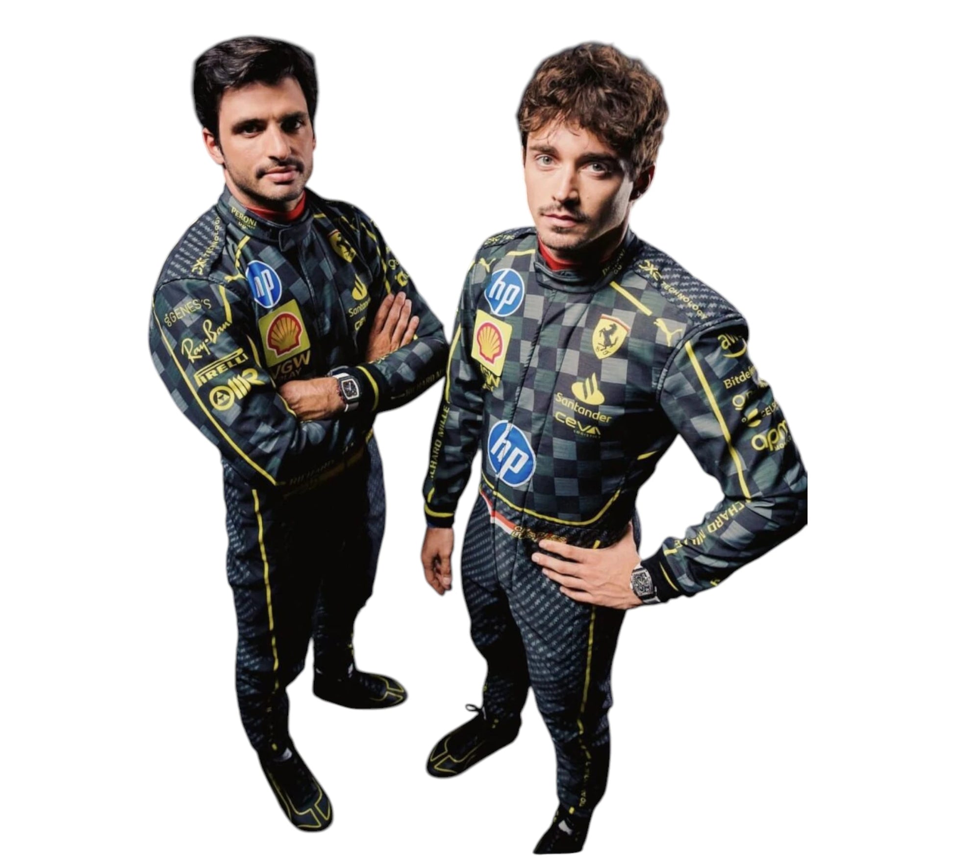 Two men wearing checkered racing suits with various sponsor logos on a white background