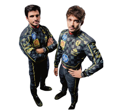 Two men wearing checkered racing suits with various sponsor logos on a white background