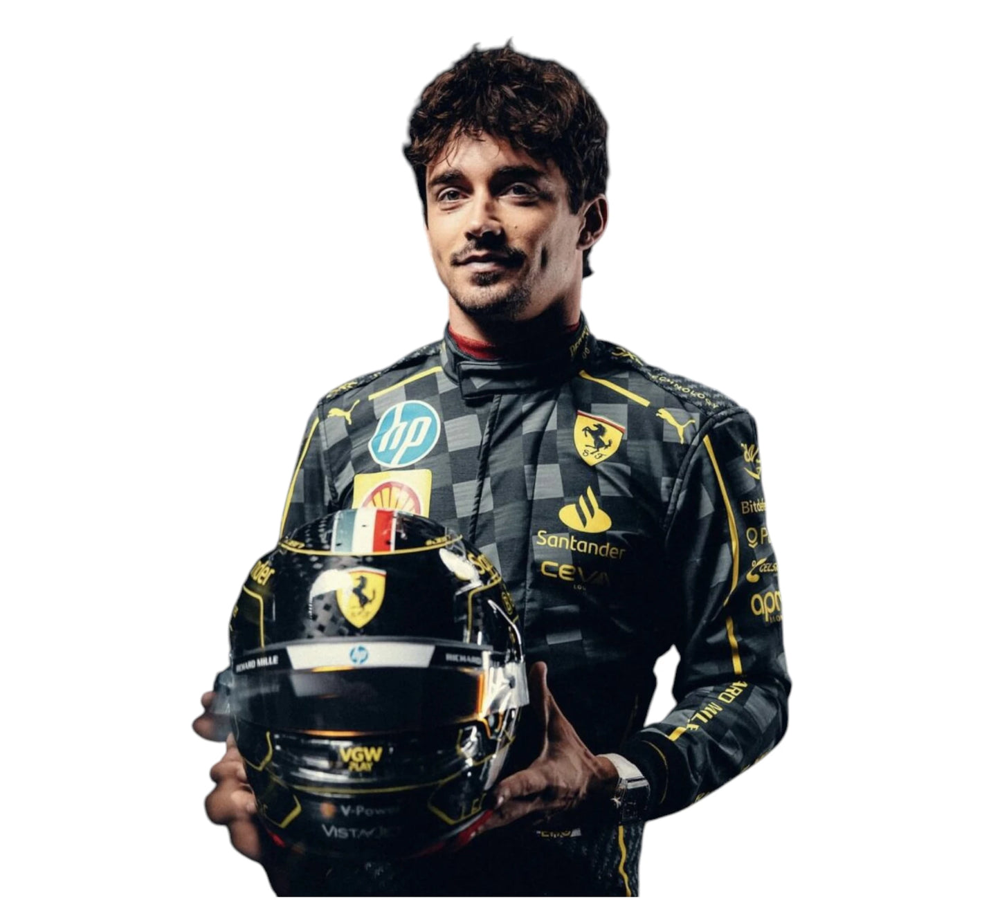 Person wearing a racing suit with various logos, holding a helmet on a white background