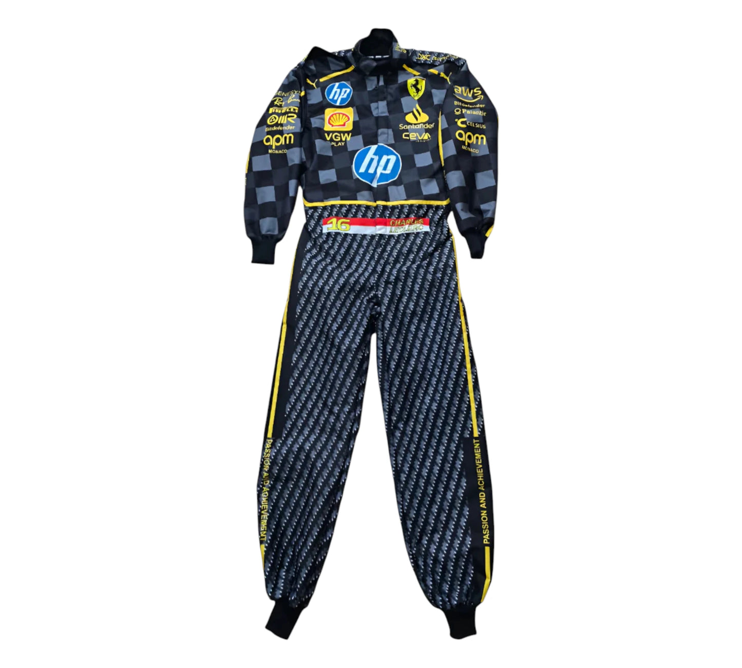 Racing suit with multiple brand logos on a white background