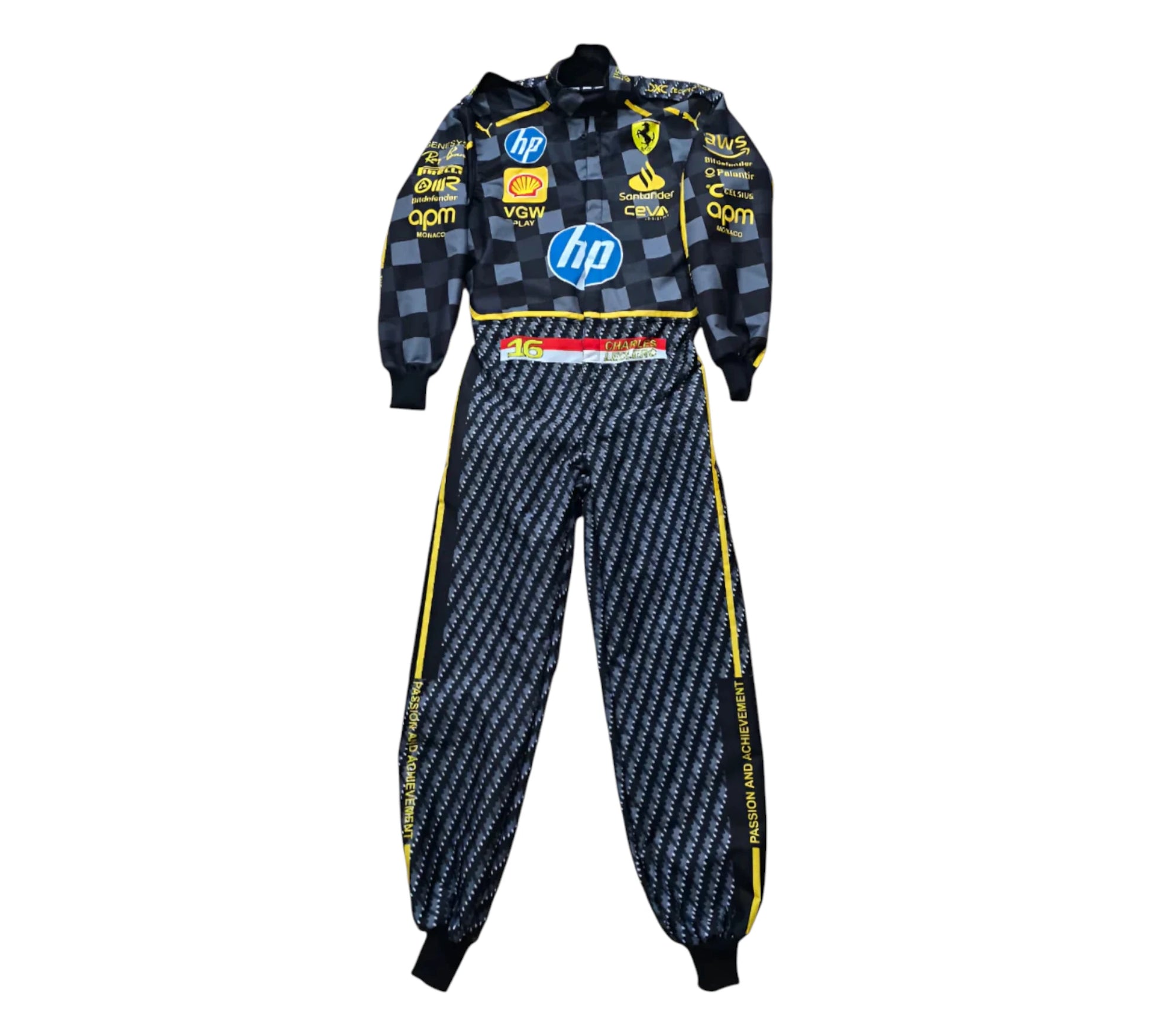 Racing suit with multiple brand logos on a white background