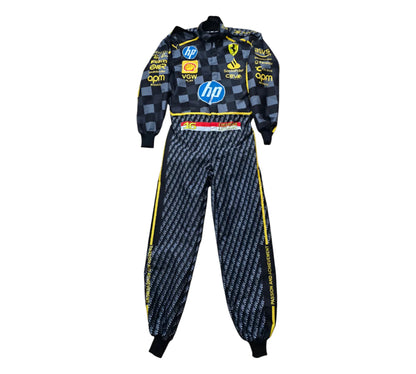 Racing suit with multiple brand logos on a white background