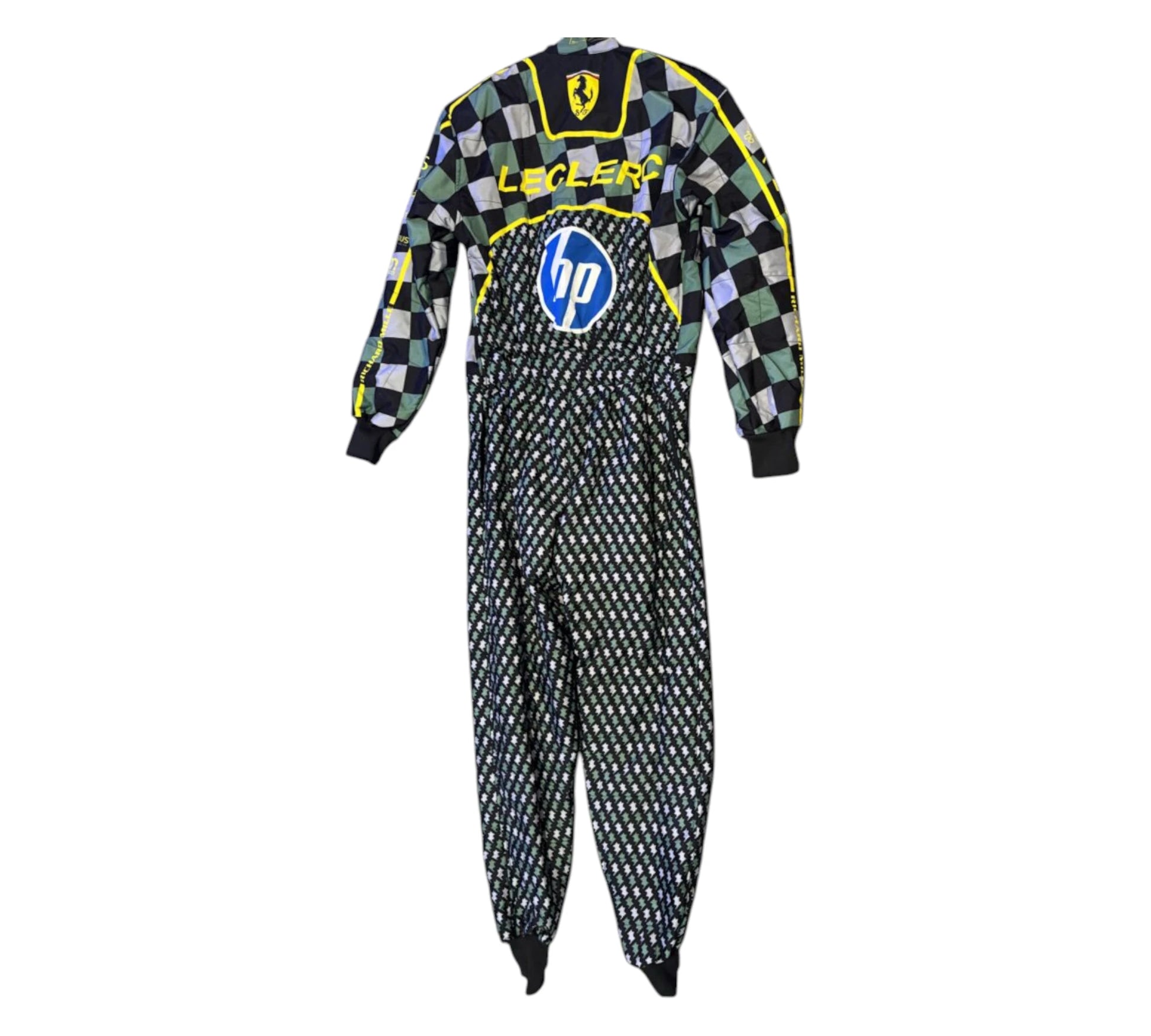 Motocross jumpsuit with checkered pattern and brand logos on a white background