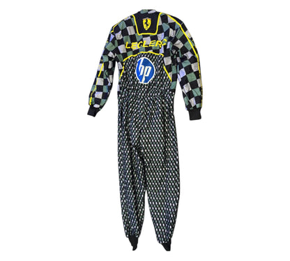 Motocross jumpsuit with checkered pattern and brand logos on a white background