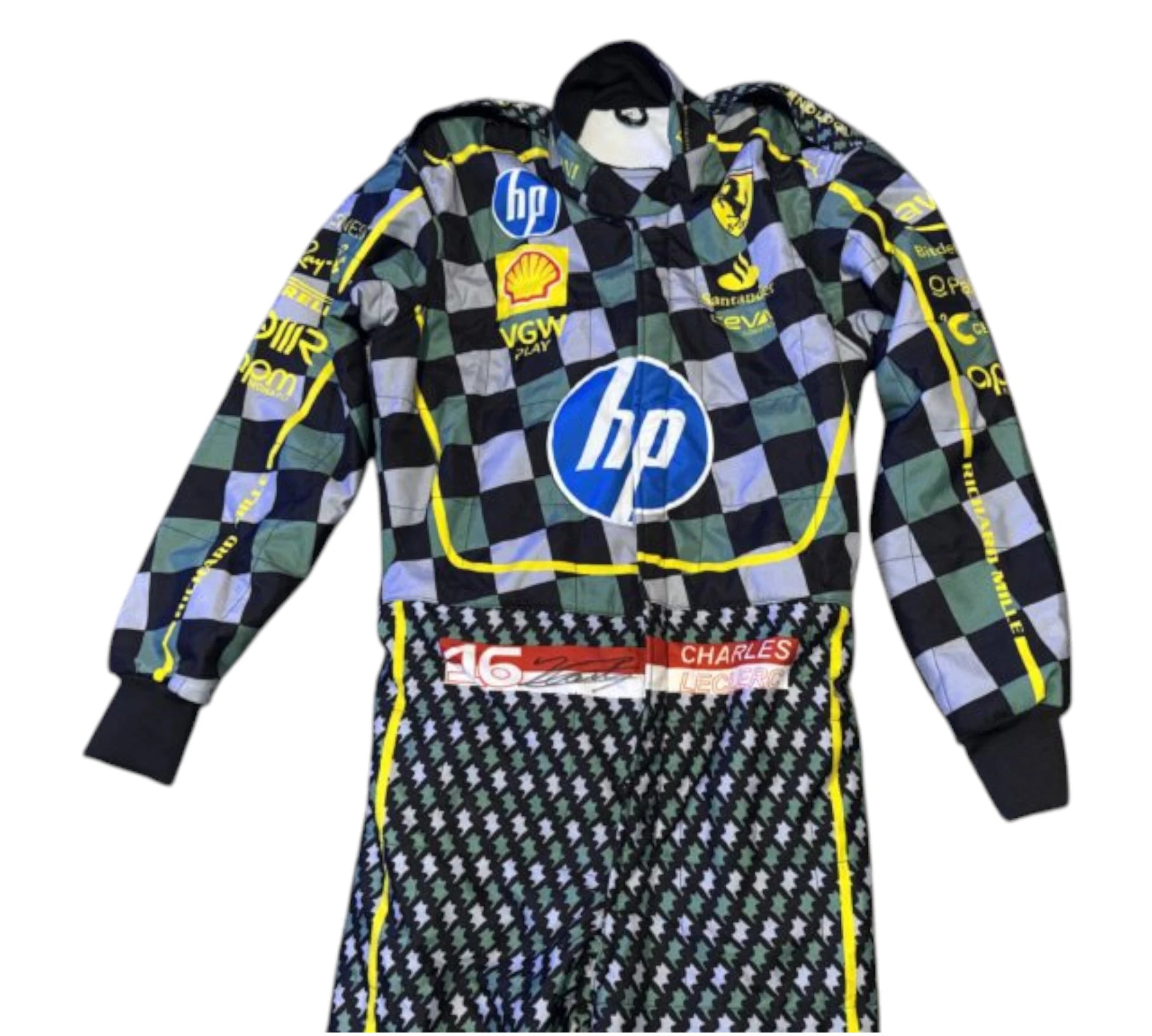 Checkered racing suit with HP logo on a white background