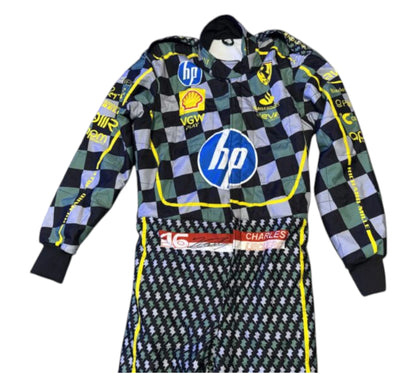 Checkered racing suit with HP logo on a white background