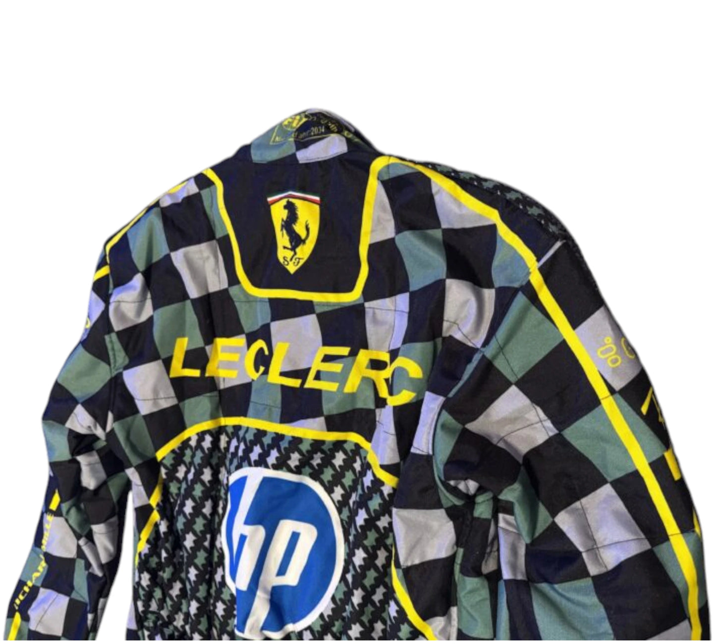 Checkered racing suit with Leclerc and HP logos on a white background