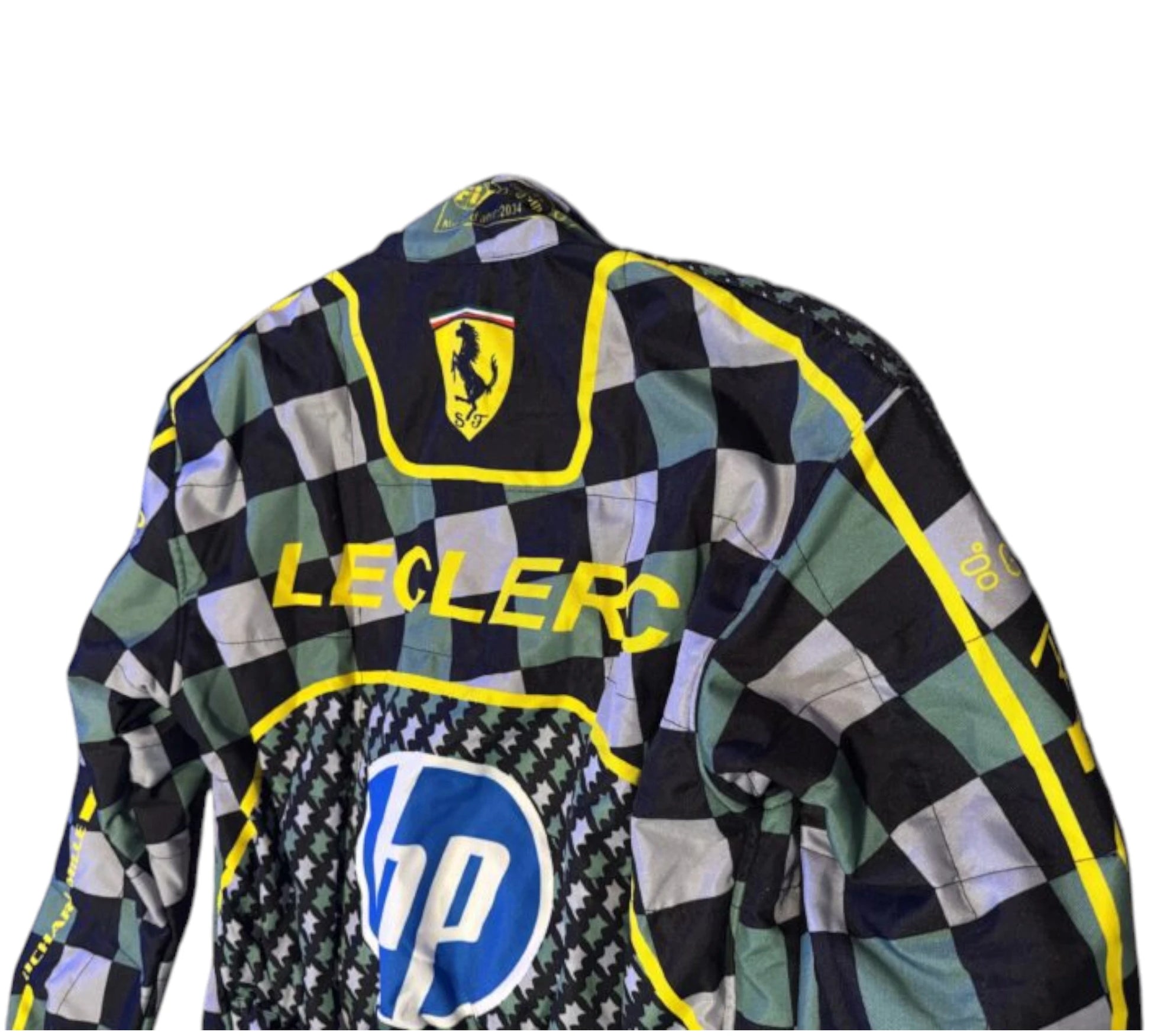 Checkered racing suit with Leclerc and HP logos on a white background