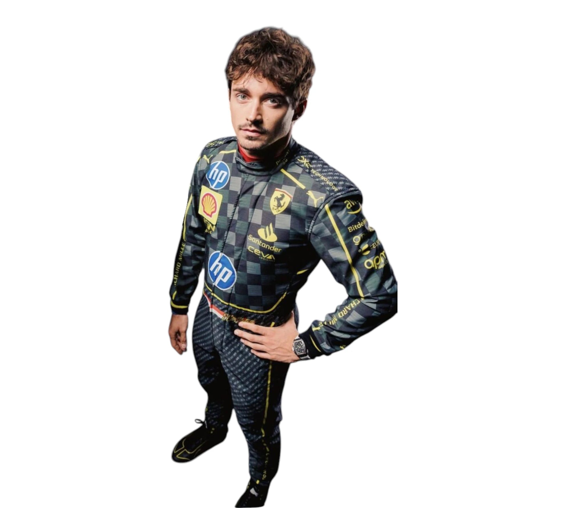 Person wearing a checkered racing suit with various sponsor logos on a white background