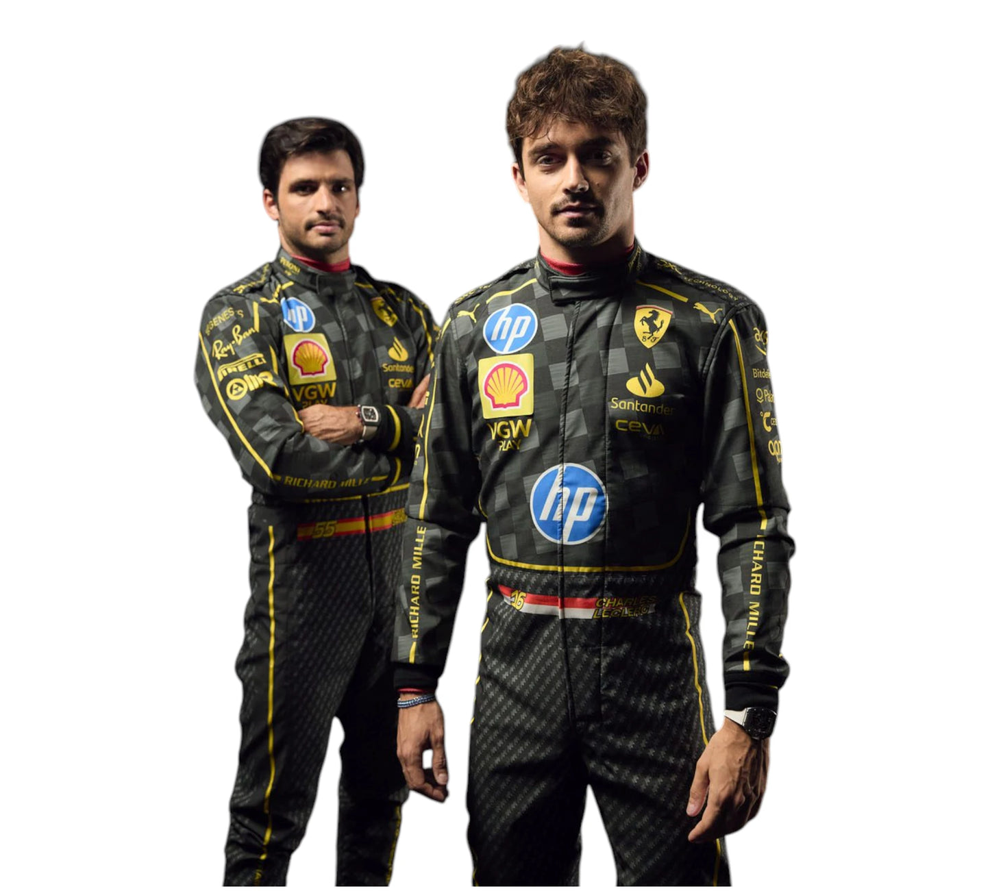 Two individuals wearing racing suits with various sponsor logos on a white background