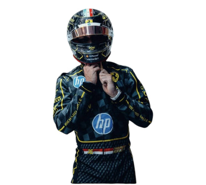 Person wearing a racing suit with HP logos on a white background