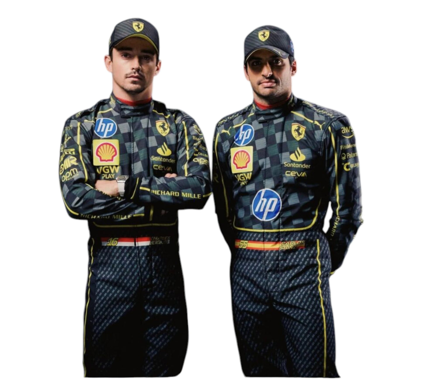 Two individuals wearing matching racing suits with various sponsor logos on a white background