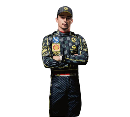Person wearing a racing suit with various sponsor logos on a white background
