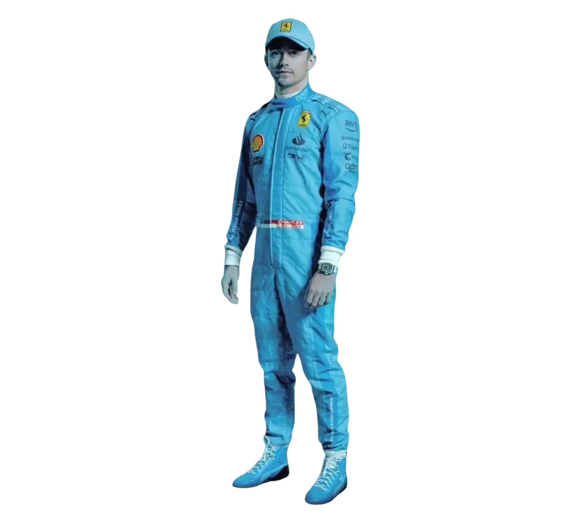 Person wearing a blue racing suit with various logos on a white background