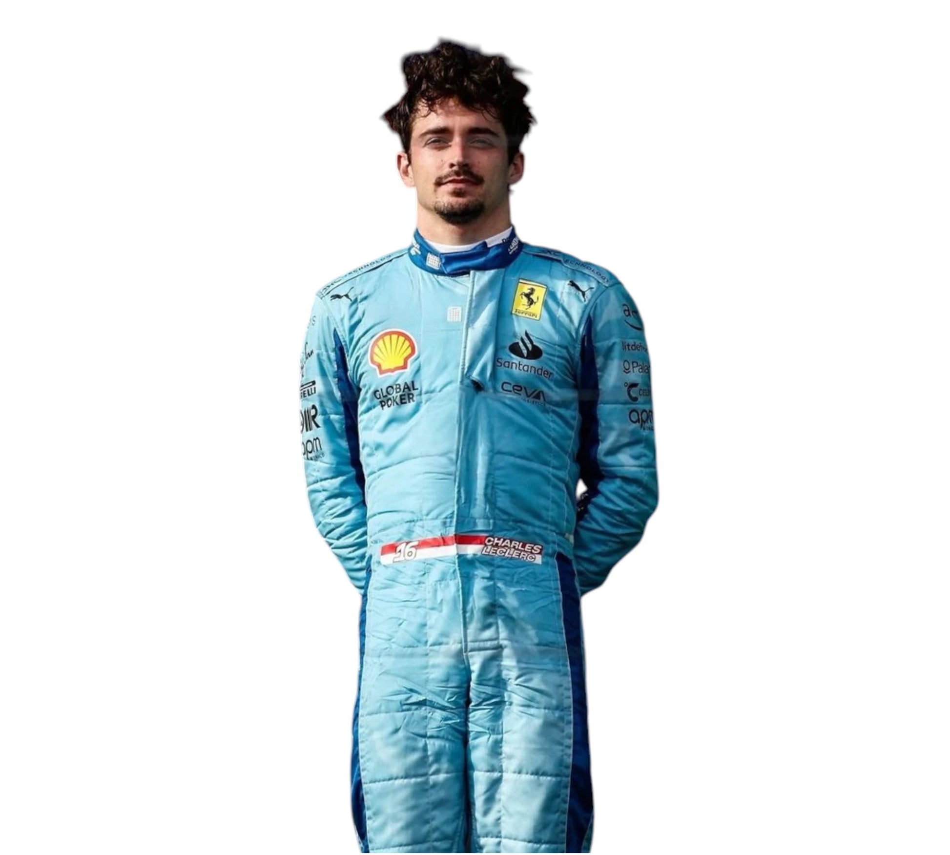 Person wearing a blue racing suit with various sponsor logos on a white background