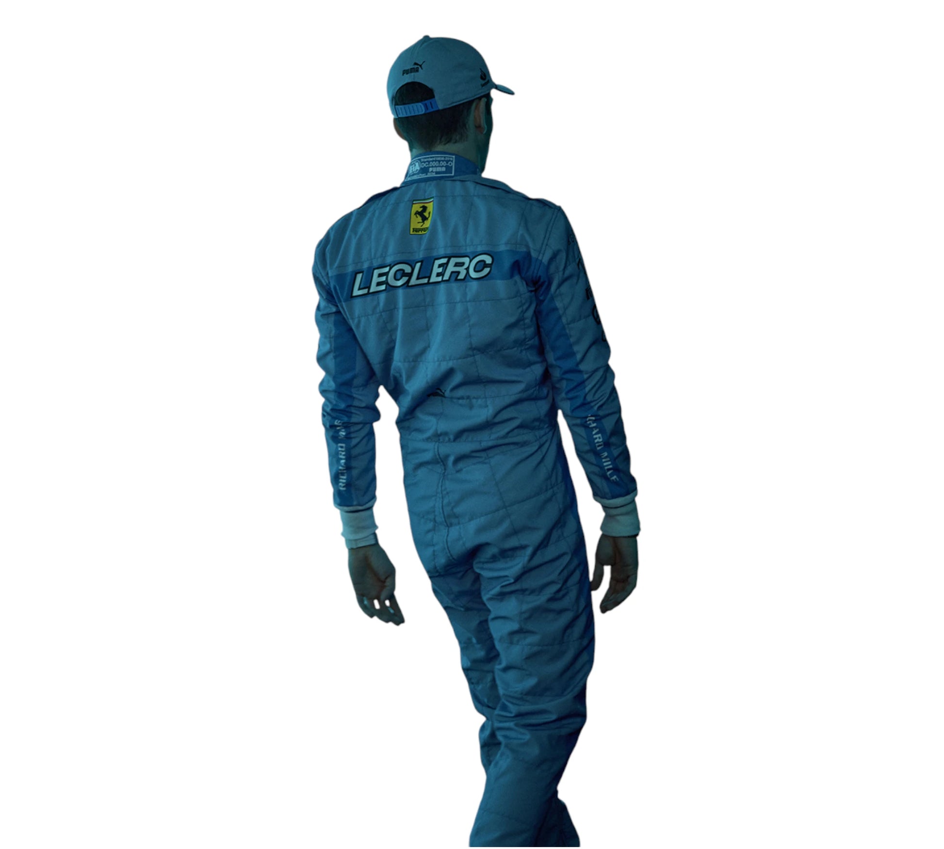 Blue racing suit with 'LECLERC' branding on a white background