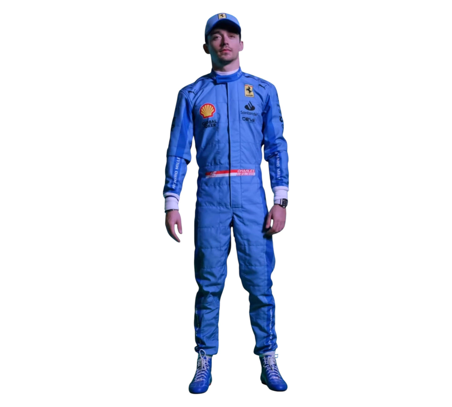 Person wearing a blue racing suit with Shell logo on a white background