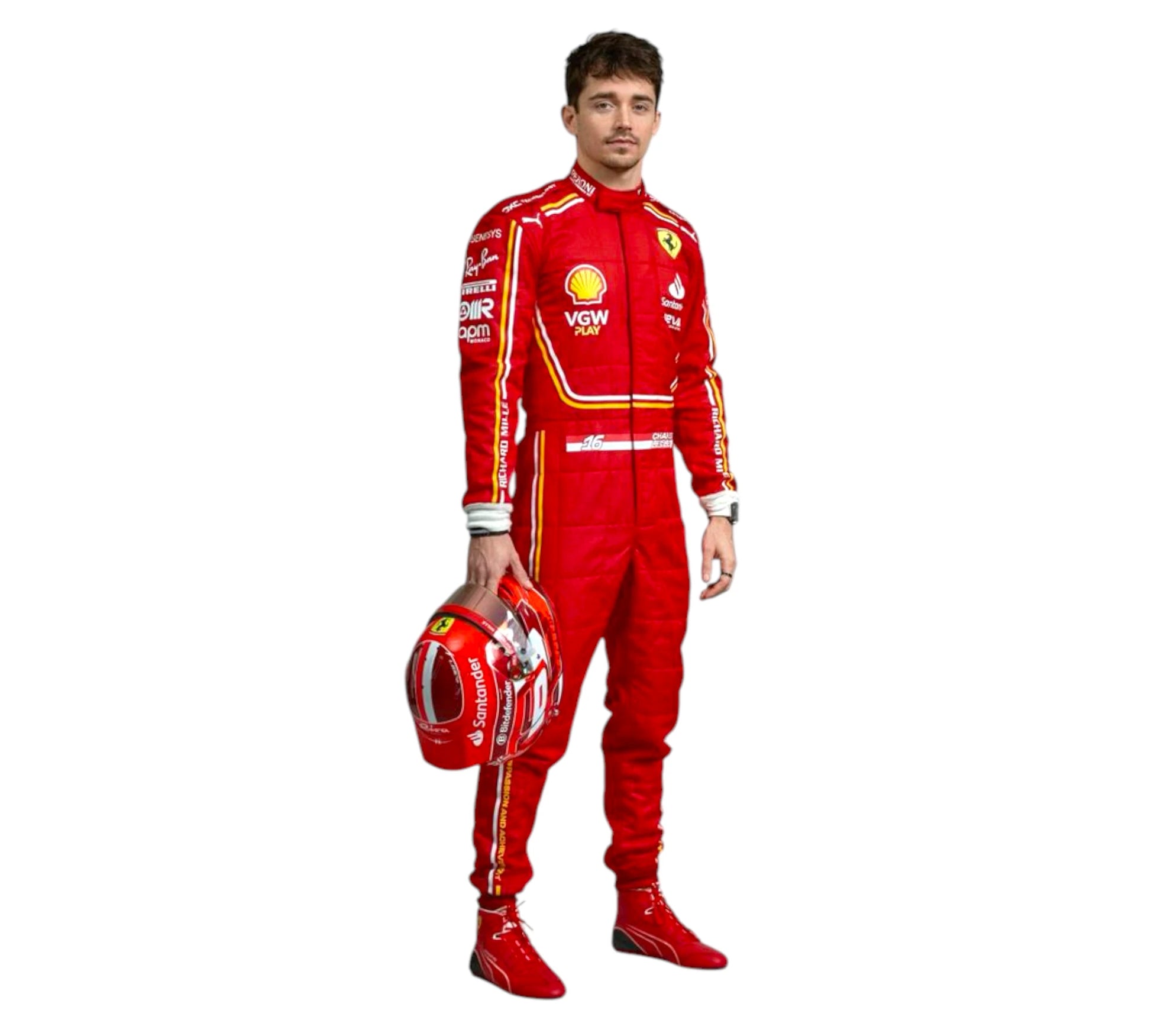 Person wearing a red racing suit with various sponsor logos on a white background