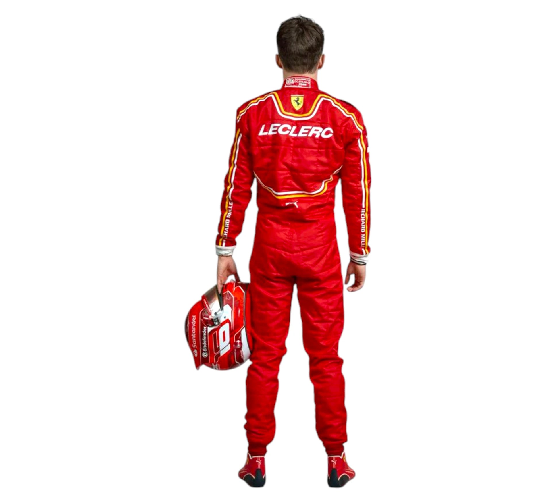 Person wearing a red racing suit with 'Leclerc' branding, holding a helmet on a white background