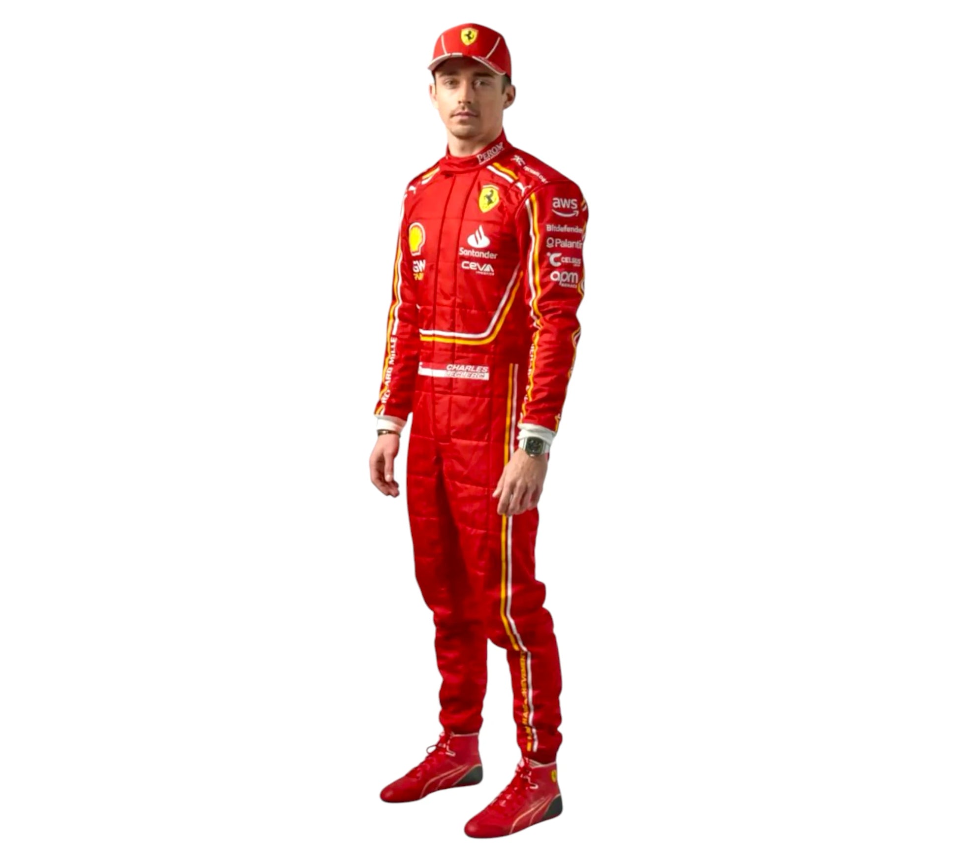 Person wearing a red racing suit with visible branding on a white background