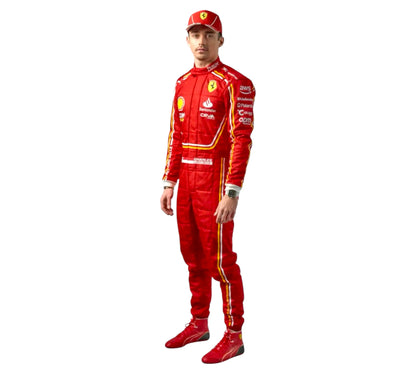 Person wearing a red racing suit with visible branding on a white background