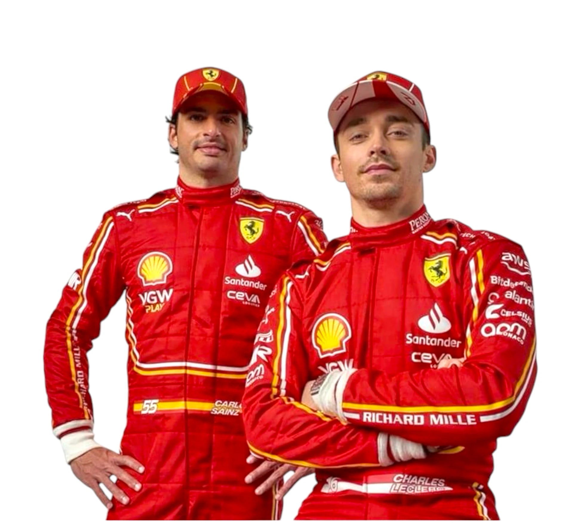 Two individuals in red racing suits with various sponsor logos on a white background