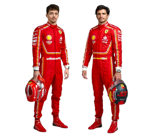 Two individuals wearing red racing suits with various logos on a white background