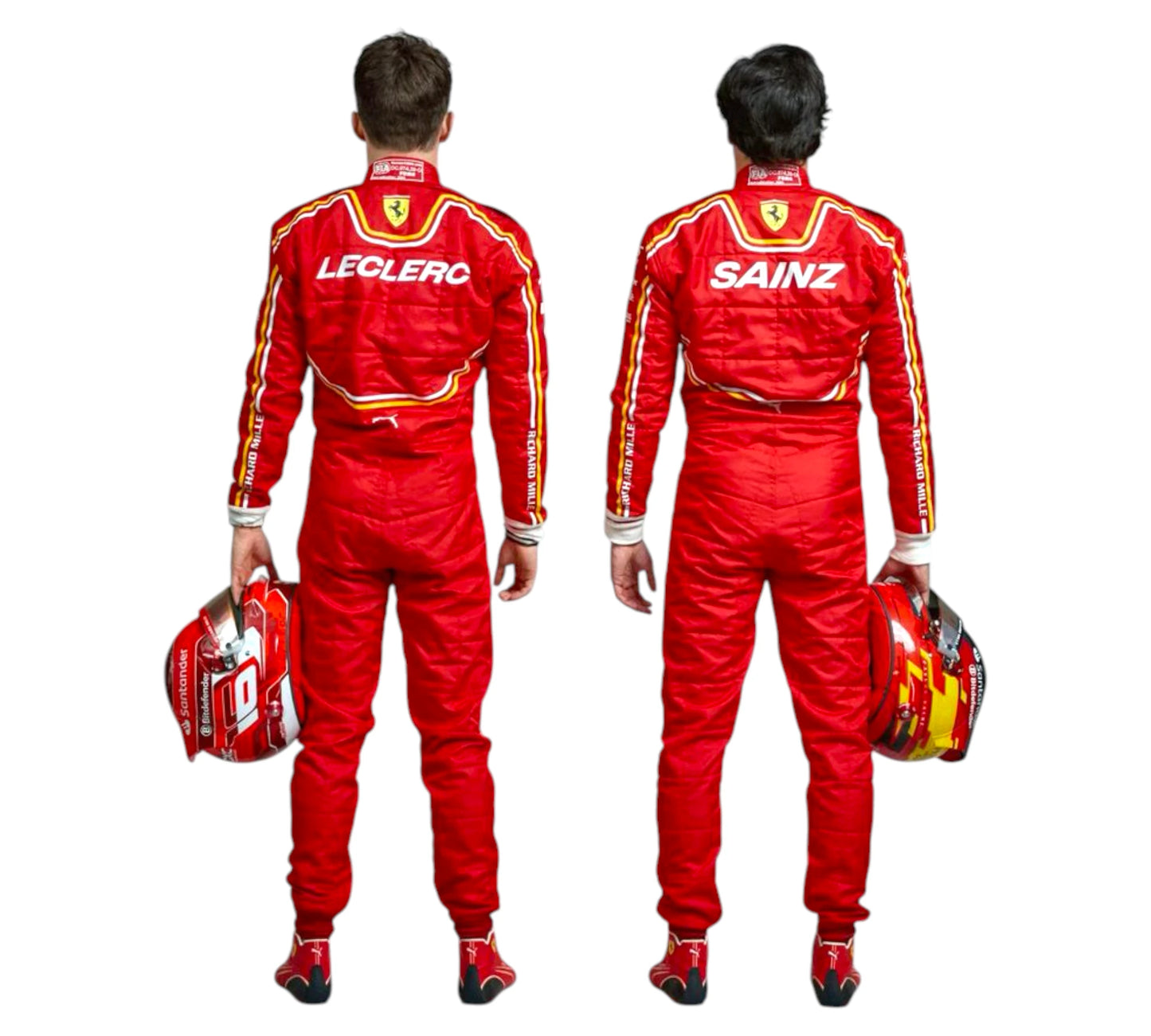 Two views of a person wearing a red racing suit with 'Leclerc' and 'Sainz' branding, holding a helmet.