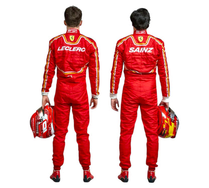 Two views of a person wearing a red racing suit with 'Leclerc' and 'Sainz' branding, holding a helmet.