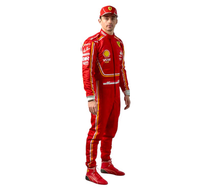 Person wearing a red racing suit with various sponsor logos on a white background
