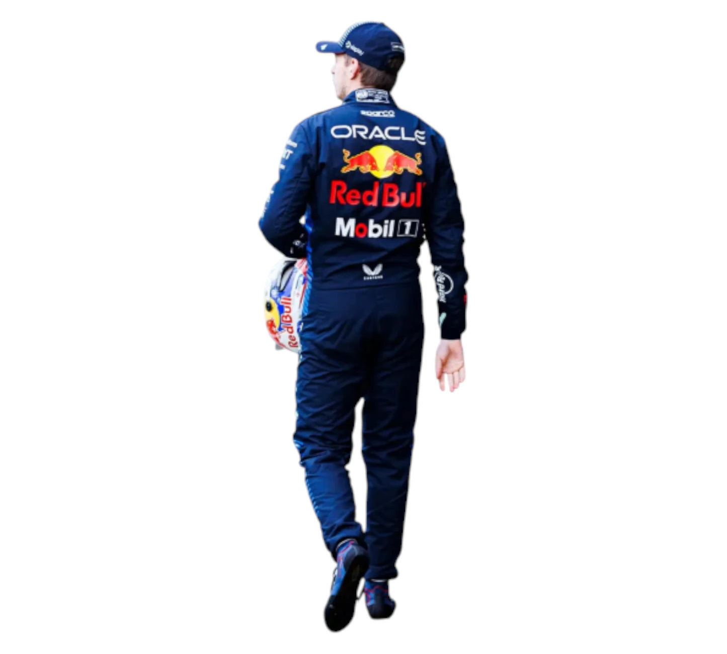 Person wearing a blue racing suit with Red Bull and Mobil logos on a white background