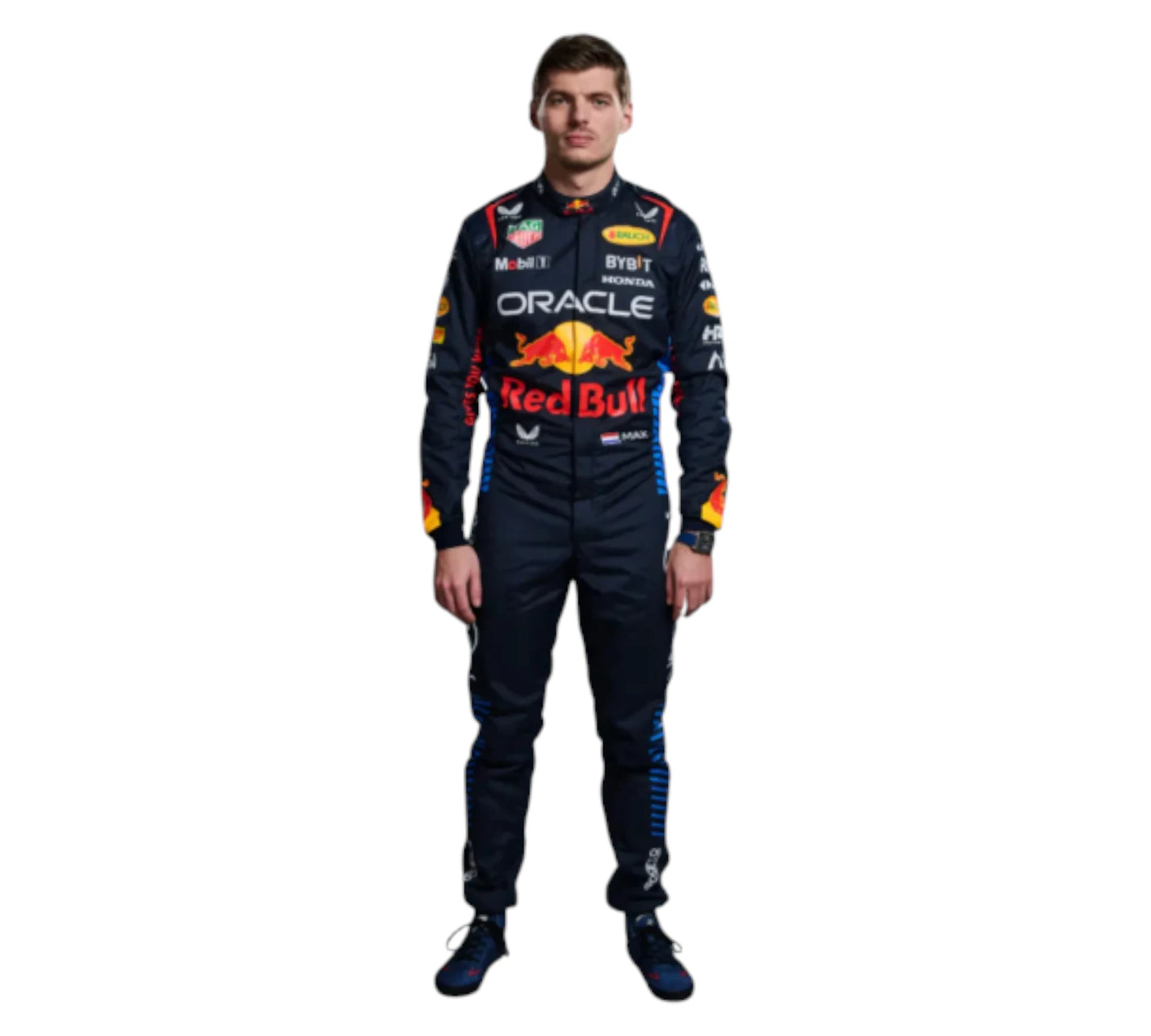 Person wearing a racing suit with Oracle and Red Bull logos on a white background