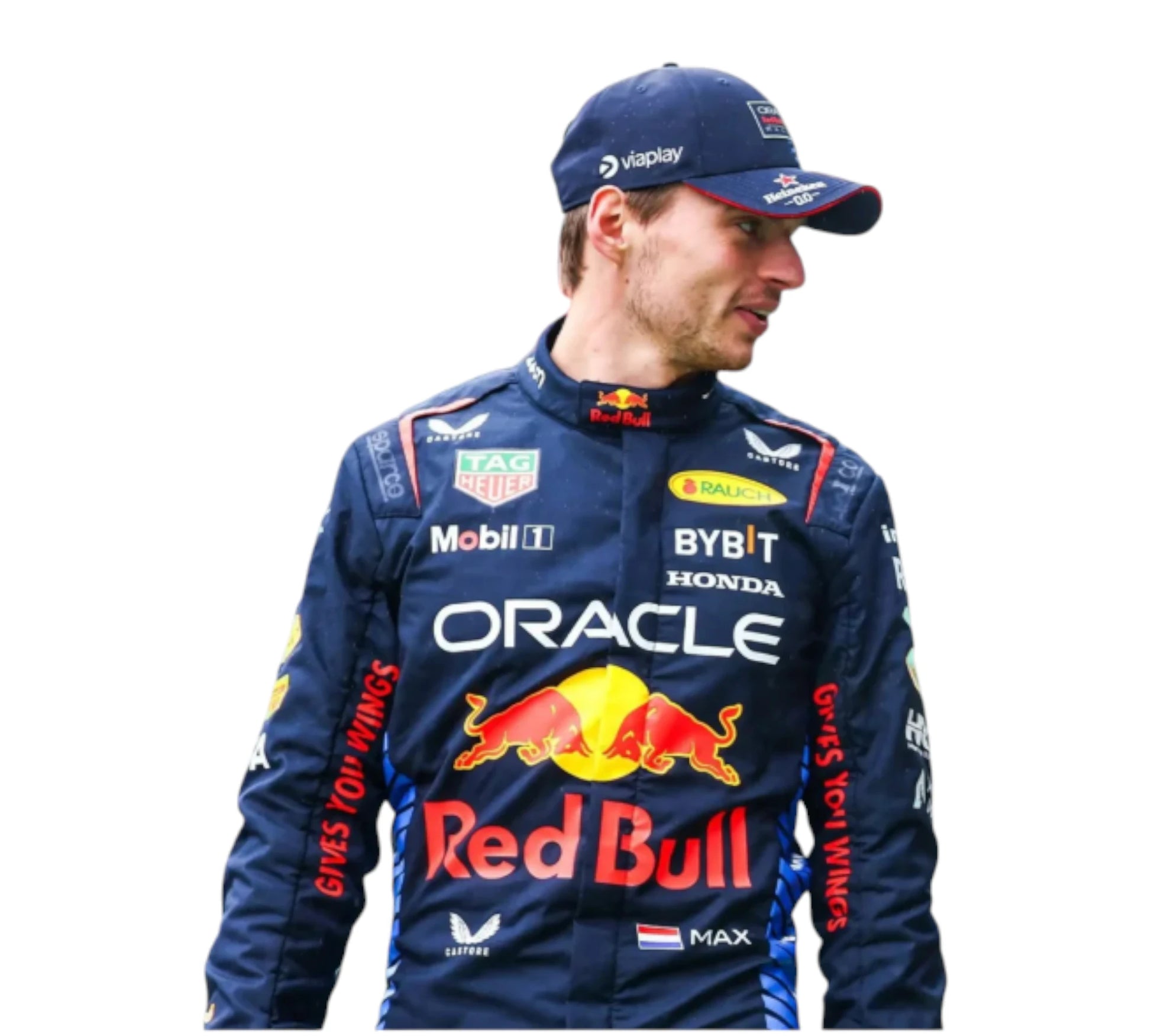 Person wearing a Formula 1 racing suit with various sponsor logos on a white background